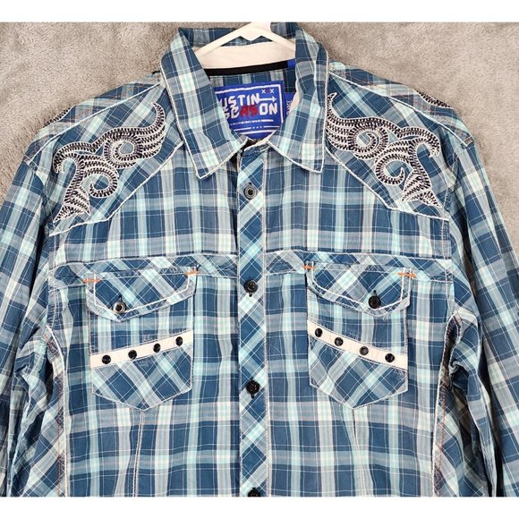 Austin Season Shirt Mens Large Plaid Distressed Embroidered Western Cowboy Top - Picture 6 of 12